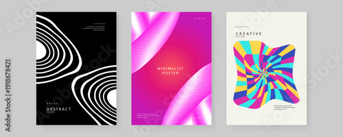 Set of three diverse poster templates featuring monochrome organic lines vibrant pink fluid curves and colorful warped geometry