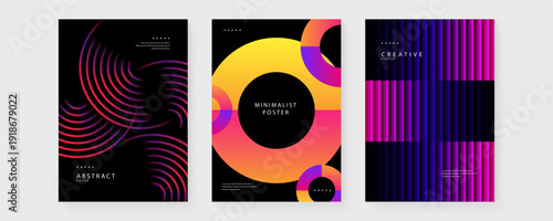 Three different abstract minimalist posters featuring vibrant gradients