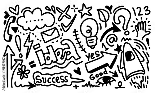 Simple hand-drawn business doodle style vector illustration. With idea text, rocket, light bulb, and business element components.