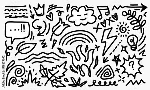 Cute line sketch star, arrow, cloud decoration element icon set. Hand drawn sketch doodle cute star, heart, flower element. Line text decoration scribble shape icon.