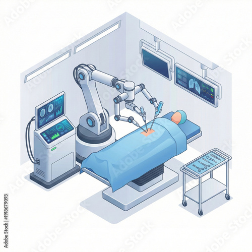 Isometric robotic arm performing precision surgery in modern operating room