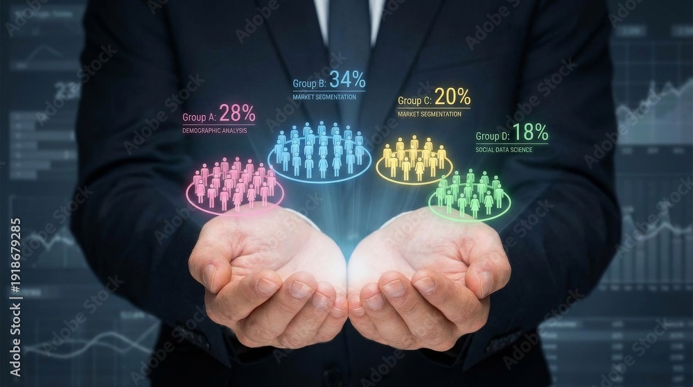Obraz premium Cluster analysis in marketing and statistical data. Customer segmentation strategy. Marketer analyzing the target market, Represents Market Segmentation and Population Statistics