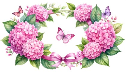 A floral wreath with pink flowers, green leaves, and butterflies