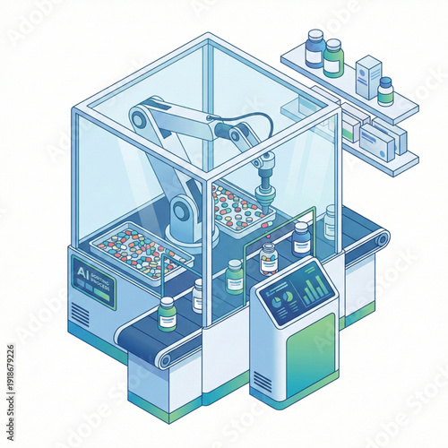 Isometric automated pharmacy dispenser robot sorting pills and medicine