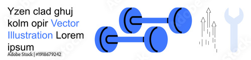 Fitness, gym equipment, personal development, repair services, progress tracking, health improvement. Blue dumbbells with arrows and a wrench. Fitness and gym equipment for training and growth