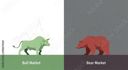 Bull and Bear Market Illustration Representing Stock Exchange Trends and Financial Growth or Decline