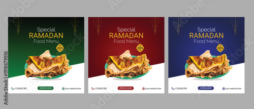 Ramadan food and iftar menu sale social media post collection with green red and blue background