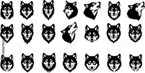 Collection of various wolf head silhouettes and profiles