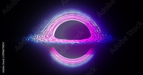 Futuristic neon black hole with purple and blue glowing accretion disk in deep space.