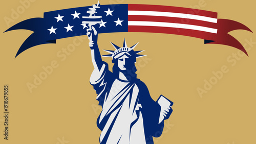 Statue of Liberty silhouette beneath a flowing American flag ribbon, evoking freedom, patriotism, unity and national pride. Graphic design suitable for U.S. holidays, politics, travel and cultural