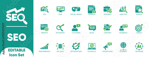 SEO editable Icon Set. improvement, feedback, marketing, link, optimization, performance, and solid vector icons.
