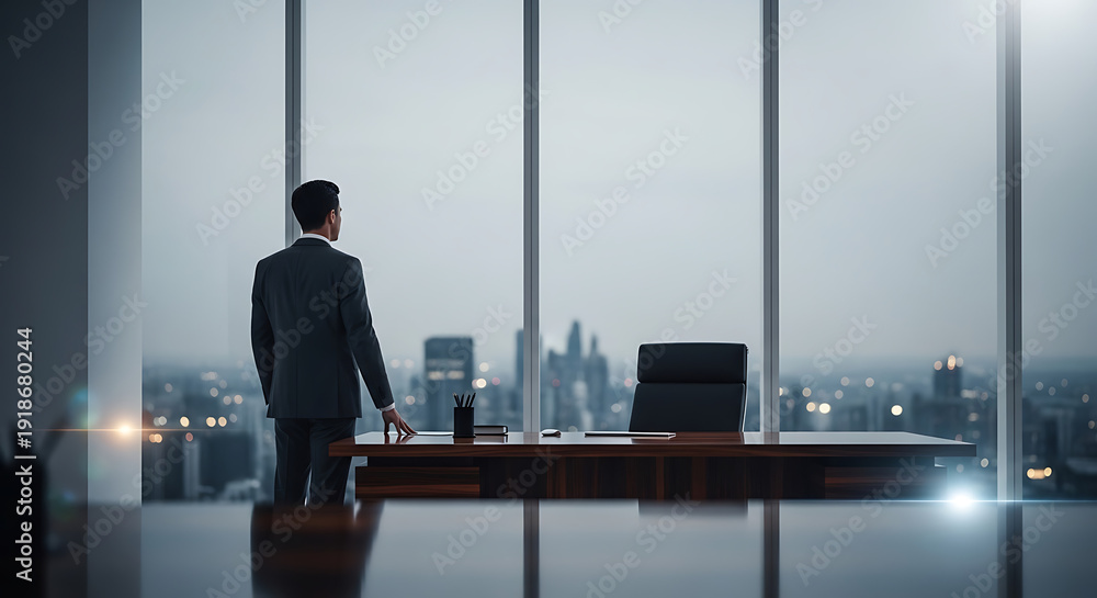 Fototapeta premium Man in suit standing alone in modern office space looking out at cityscape through large windows at dusk or dawn viewpoint