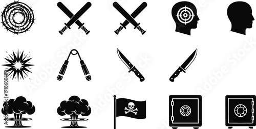Danger and Security Silhouette Icon Set Featuring Crossed Swords, Barbed Wire, Knife, Explosion, Skull Flag and Safe Vector Collection