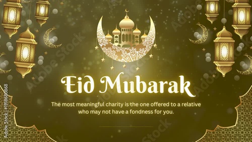 Golden Eid Mubarak Greeting with Meaningful Charity Quote and Islamic Ornaments
