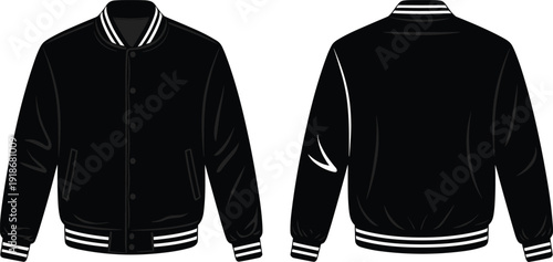 Black varsity jacket front and back view, classic bomber style apparel mockup in detailed vector illustration isolated on white background