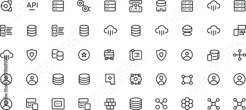 Cloud database and API technology line icon set, featuring server, security and network symbols in modern outline vector collection