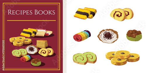 Hand drawn illustration of various Indonesia street food sweets. Decorative food icon elements set for bakery branding, culinary blogs, recipe books, cookbook, and restaurant menu design.