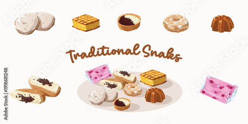 Hand drawn illustration of assorted Indonesia traditional local Asian sweet cakes and street food snacks set. Delicious heritage food collection for menu, bakery, cafe, and culinary