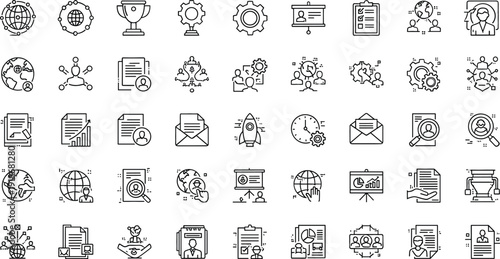 Business Management and Global Strategy Icon Set Featuring Analytics, Teamwork, Documentation, Trophy, Finance and Corporate Line Vector Collection