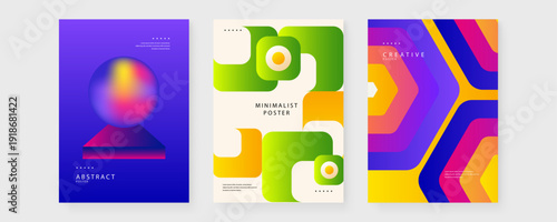 A collection of three abstract posters featuring spheres, square ribbons, and hexagonal shapes with vibrant colorful gradient palettes