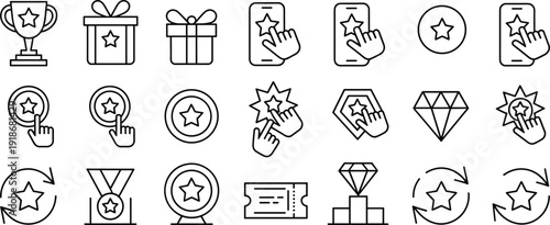 Reward and loyalty program line icon set, featuring star ratings, gifts, trophies and premium membership symbols in outline vector design