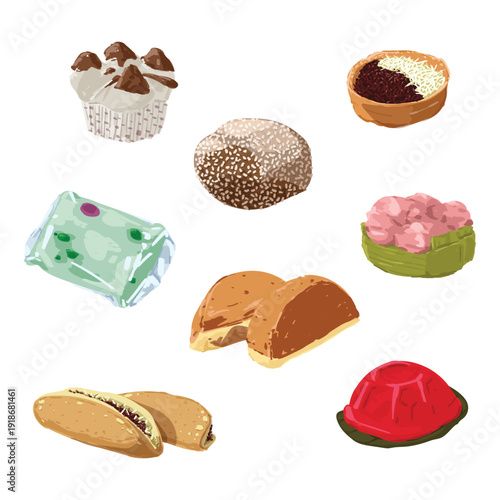 Asian street food and traditional dessert illustration set. Hand drawn style of various Indonesian cakes like kue mangkok, onde-onde, kue ku, and pukis. Perfect for culinary branding, menus, content