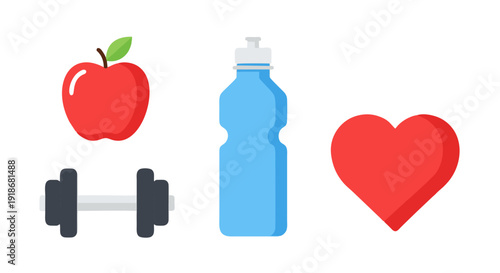 Collection of colorful flat design icons representing a healthy and active lifestyle with symbols for nutrition, exercise, hydration, and overall well-being