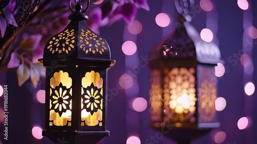 Decorative Lanterns with Glowing Light and Bokeh Background