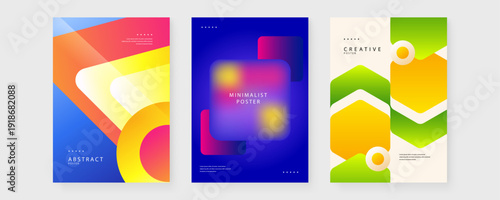 A collection of three colorful posters featuring fluid shapes and geometric patterns for contemporary branding and decor