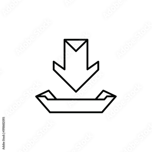 Simple line drawing of an arrow pointing down into an open container or box, symbolizing download or input