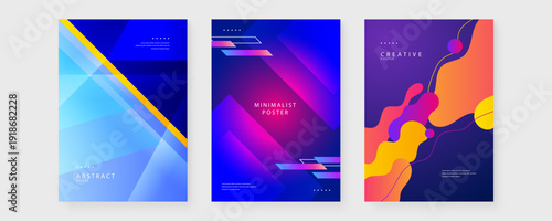 A series of three professional layouts using liquid shapes and sharp diagonal lines for a tech-inspired look