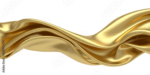 Luxurious flowing gold fabric wave, isolated on white, representing wealth, elegance, and success.