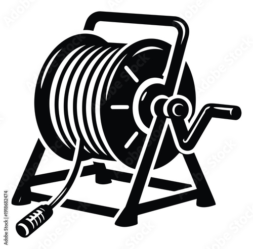 Line art illustration of a hose reel depicting essential gardening equipment for outdoor maintenance