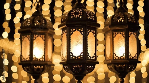 Decorative Lanterns with Glowing Lights and Bokeh Effect, Holiday Celebration