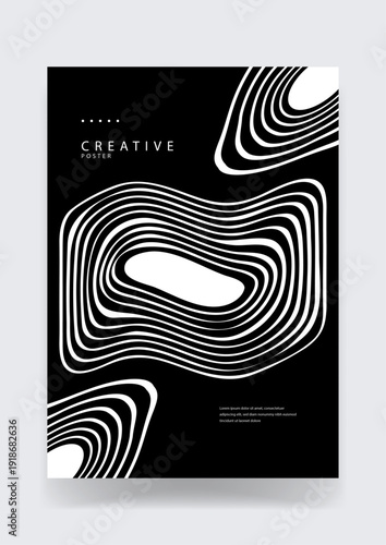 Striking black and white abstract design featuring organic flowing lines reminiscent of a landscape map