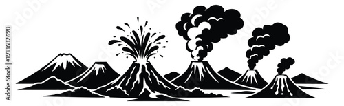 Graphic volcano and mountain set featuring eruptions, geysers, and dormant peaks for geological concepts