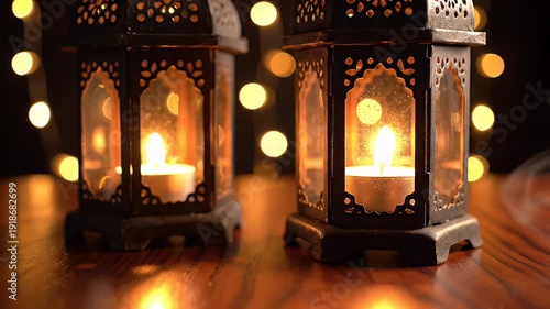 Decorative Lanterns with Lit Candles on a Wooden against a Bokeh Background