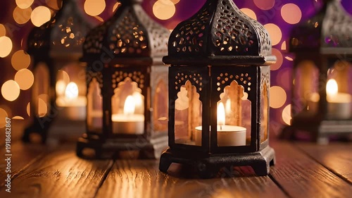 Decorative Lanterns with Lit Candles on a Wooden Table, Warm Lighting