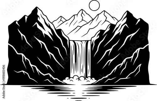 waterfall mountain landscape silhouette line art vector illustration with a white background
