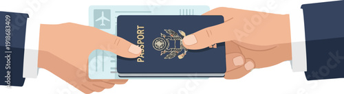 Illustration of a passport being handed over, symbolizing travel and immigration processes