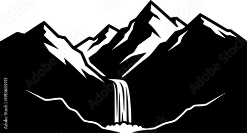 waterfall mountain landscape silhouette line art vector illustration with a white background
