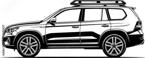 Black SUV Illustration Side View with Roof Rack and Bold Wheel Design
