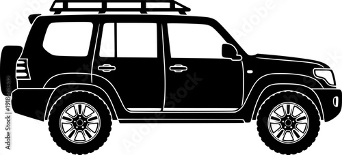 Black SUV Illustration Side View with Roof Rack and Bold Wheel Design
