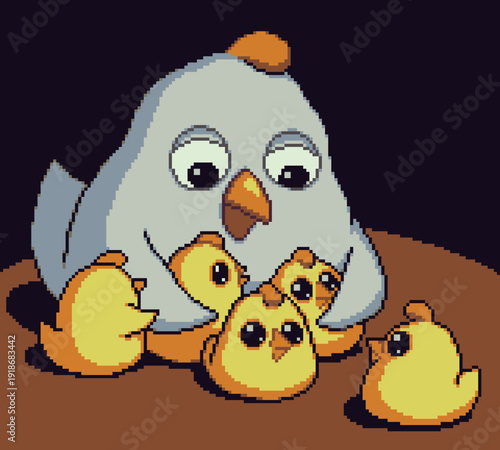 Cute pixel art mother hen sitting with small chicks, game assets, farming simulators, children interfaces, icons, story illustrations and casual gameplay.