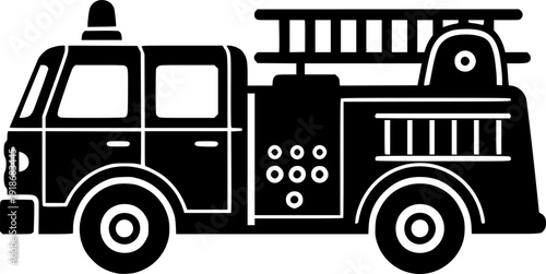 Vector Black and White Illustration of a Classic Toy Fire Truck, Simple Design
