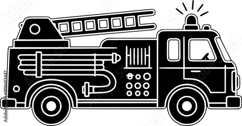 Vector Black and White Illustration of a Classic Toy Fire Truck, Simple Design

