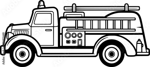 Vector Black and White Illustration of a Classic Toy Fire Truck, Simple Design

