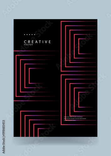 A dark and futuristic poster featuring nested square frames with a red to purple gradient effect creating a deep tunnel perspective on a black background
