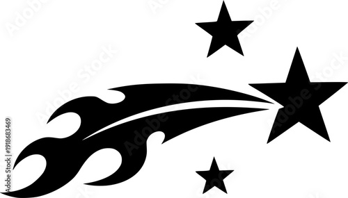 Stylized Black Shooting Star with Flames and Two Stars Icon Symbol
