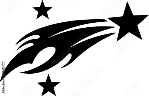 Stylized Black Shooting Star with Flames and Two Stars Icon Symbol
